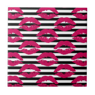 Lipstick Kiss B&W Striped Pattern Ceramic Tile