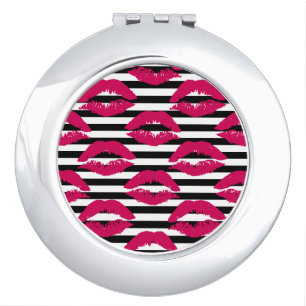 Lipstick Kiss B&W Striped Pattern Compact Mirror