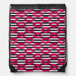 Lipstick Kiss B&amp;W Striped Pattern Drawstring Bag