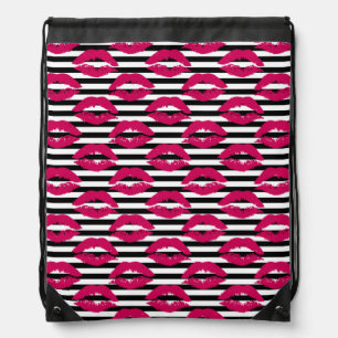 Lipstick Kiss B&W Striped Pattern Drawstring Bag