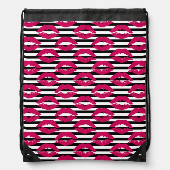 Lipstick Kiss B&W Striped Pattern Drawstring Bag (Front)