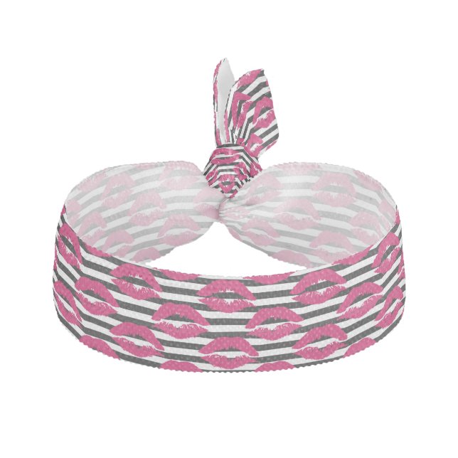 Lipstick Kiss B&W Striped Pattern Elastic Hair Tie (Front)