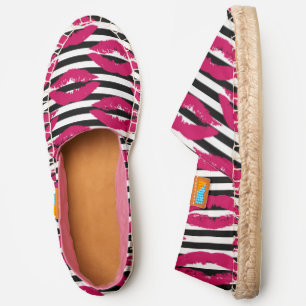 Lipstick Kiss B&W Striped Pattern Espadrilles