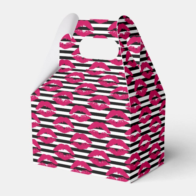 Lipstick Kiss B&W Striped Pattern Favor Boxes (Front Side)