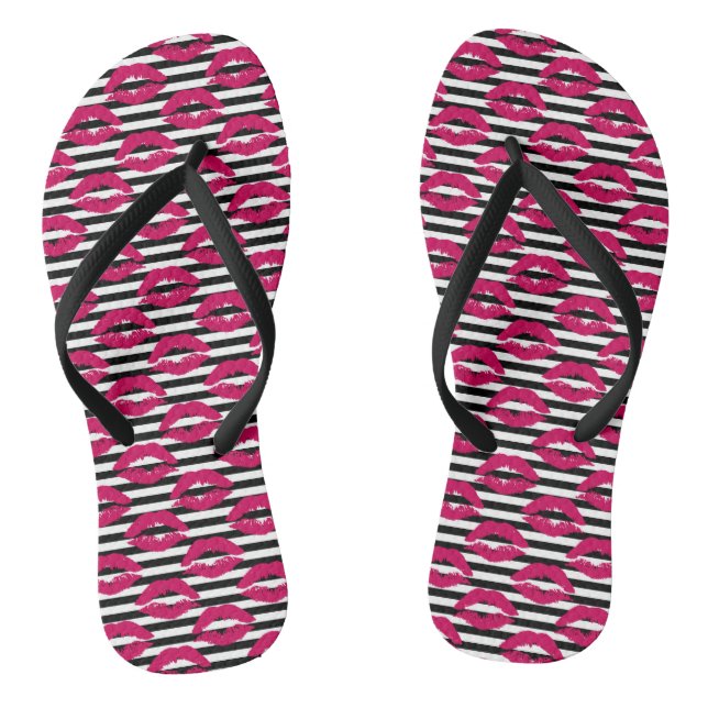 Lipstick Kiss B&W Striped Pattern Flip Flops (Footbed)