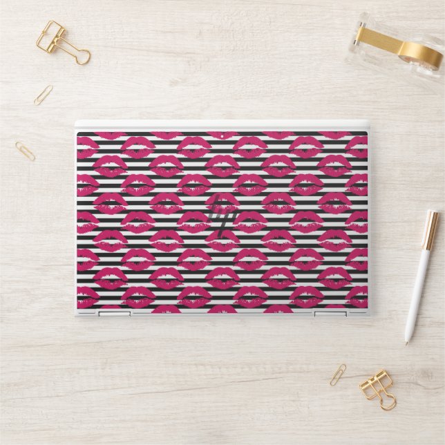 Lipstick Kiss B&W Striped Pattern HP Laptop Skin (Desk)