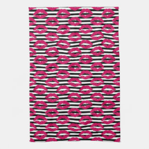 Lipstick Kiss B&W Striped Pattern Kitchen Towel