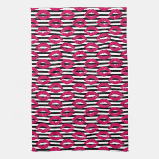 Lipstick Kiss B&W Striped Pattern Kitchen Towel