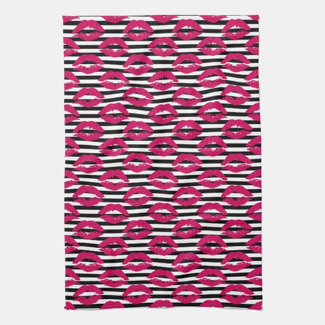 Lipstick Kiss B&W Striped Pattern Kitchen Towel (Vertical)