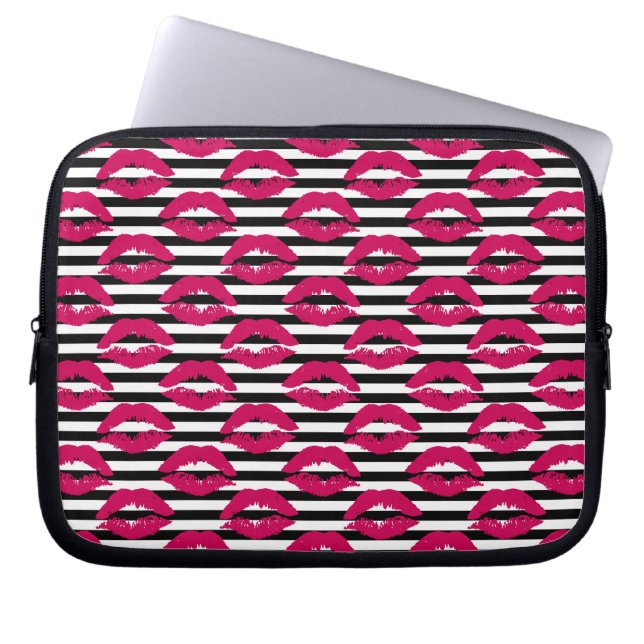 Lipstick Kiss B&W Striped Pattern Laptop Sleeve (Front)