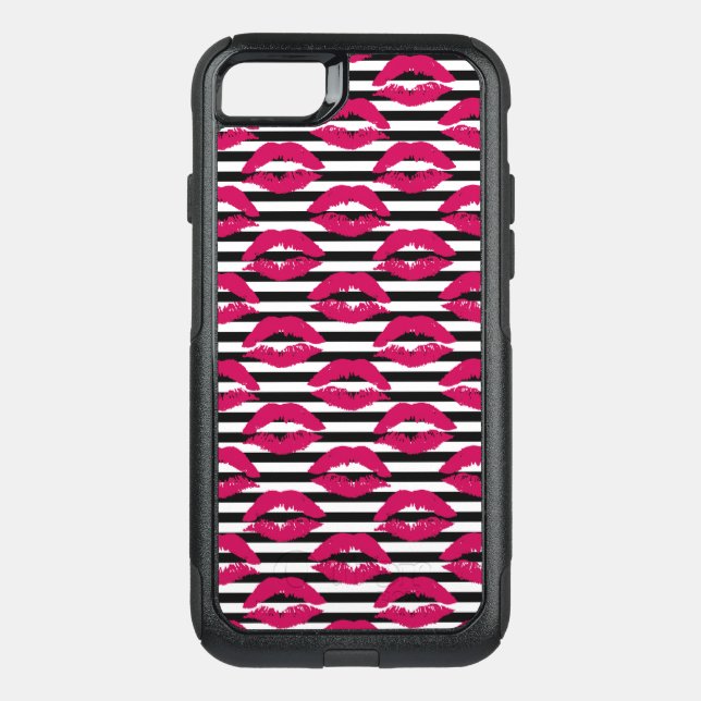 Lipstick Kiss B&W Striped Pattern Otterbox iPhone Case (Back)