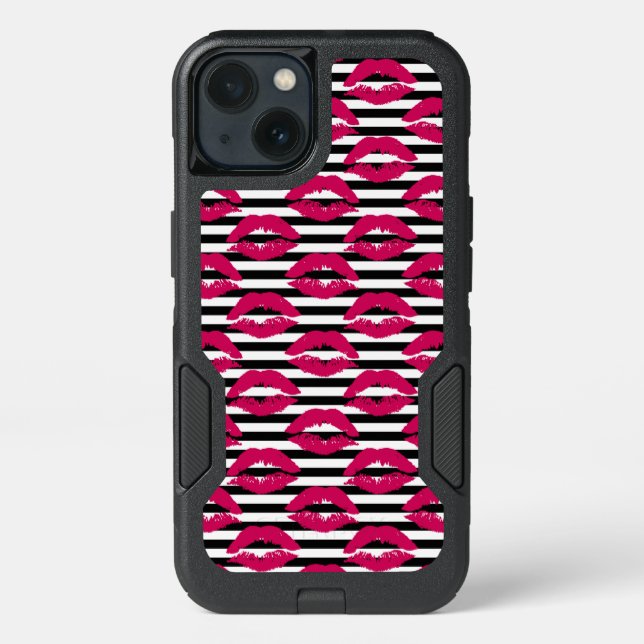 Lipstick Kiss B&W Striped Pattern Otterbox iPhone Case (Back)