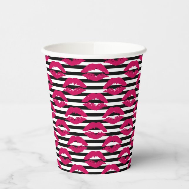 Lipstick Kiss B&W Striped Pattern Paper Cups (Left)