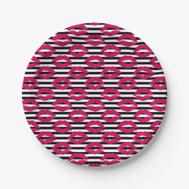 Lipstick Kiss B&W Striped Pattern Paper Plates (Front)