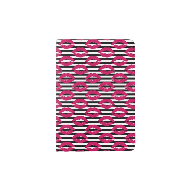 Lipstick Kiss B&W Striped Pattern Passport Holder (Front)