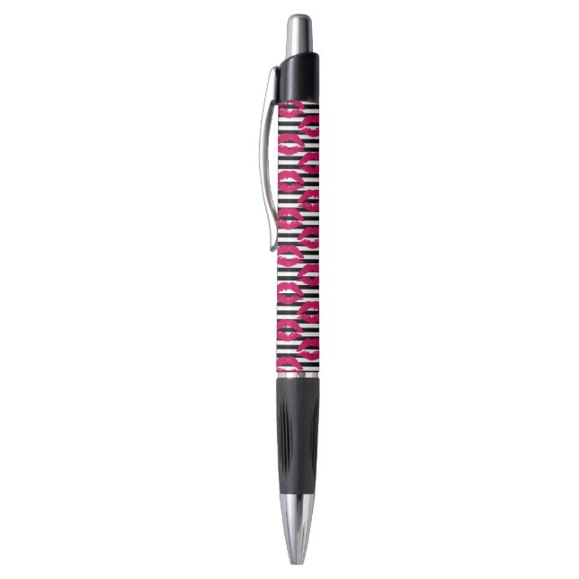 Lipstick Kiss B&W Striped Pattern Pen (Top (Vertical))