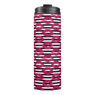 Lipstick Kiss B&W Striped Pattern Thermal Tumbler