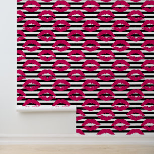 Lipstick Kiss B&W Striped Pattern Wallpaper