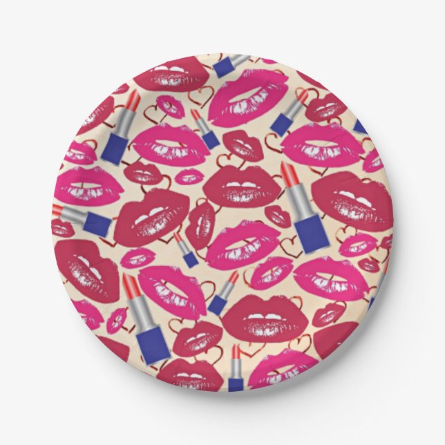 Lipstick Kiss Pattern Paper Plates (Front)