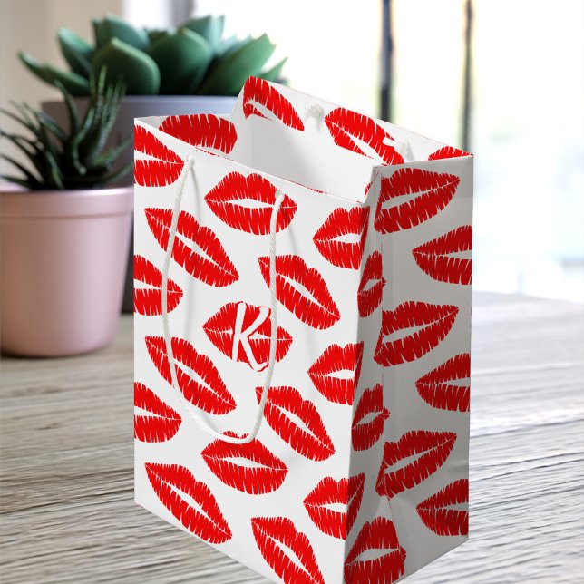 Lipstick Kiss Pattern Red and White Monogrammed Medium Gift Bag (Lots of lovely lipstick kisses on this gift bag with space for your initial)