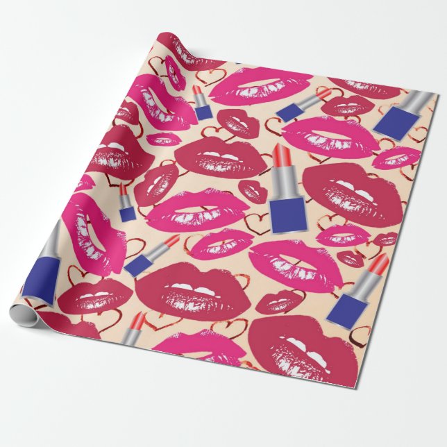 Lipstick Kiss Pattern Wrapping Paper (Unrolled)