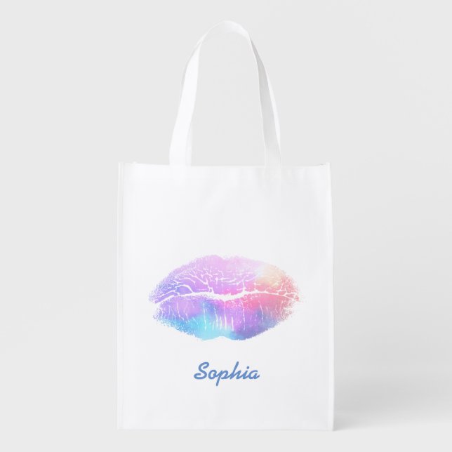 Lipstick Kiss Pink and Blue Grocery Bag (Front)