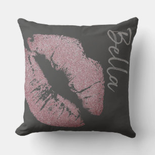 Lipstick kiss pink purple lip gray cute throw pillow