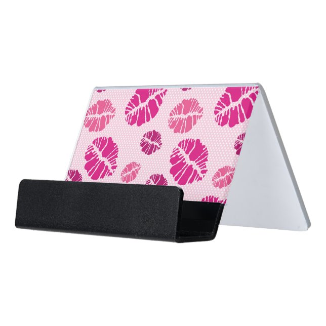 Lipstick Kiss Shape Print Pattern Desk Business Card Holder (Angled Front)