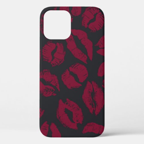 Lipstick Kisses Dark Red Imprints iPhone 12 Case