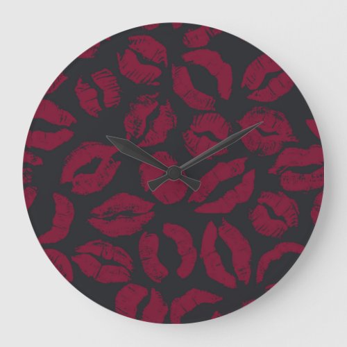 Lipstick Kisses Dark Red Imprints Large Clock