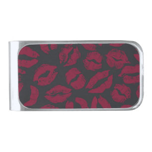 Lipstick Kisses: Dark Red Imprints Silver Finish Money Clip