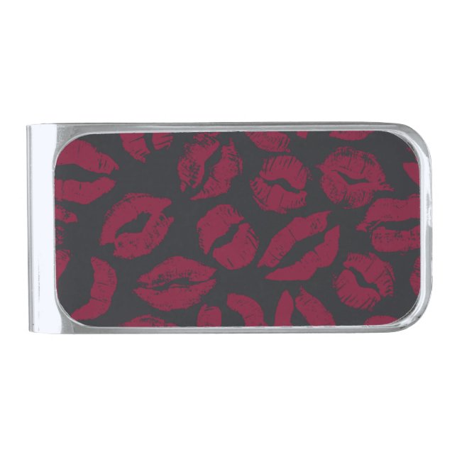 Lipstick Kisses: Dark Red Imprints Silver Finish Money Clip (Front)