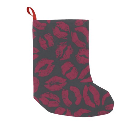 Lipstick Kisses Dark Red Imprints Small Christmas Stocking