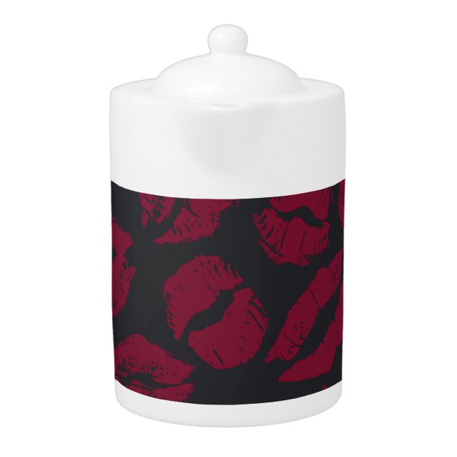 Lipstick Kisses: Dark Red Imprints Teapot (Front)