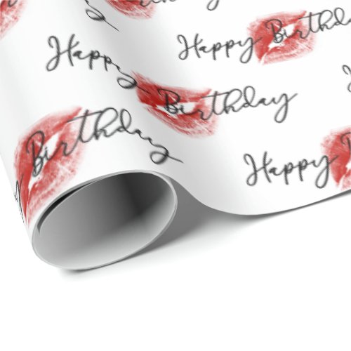 Lipstick Kisses on Happy Birthday Wrapping Paper