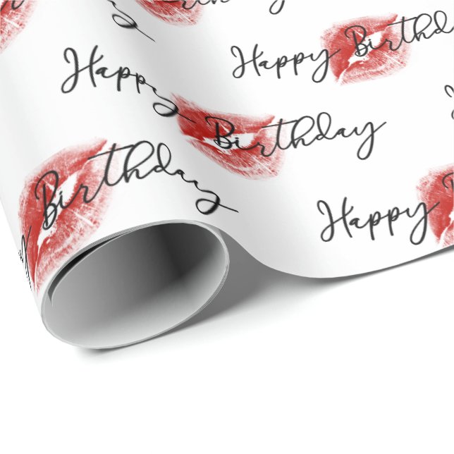Lipstick Kisses on Happy Birthday Wrapping Paper (Roll Corner)