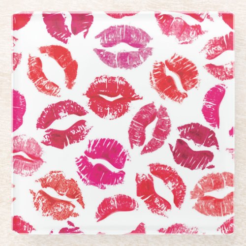 Lipstick Kisses Seamless Pattern Glass Coaster