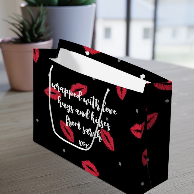 Lipstick Kisses Valentine's Day Gift Bag (Add your message to this black and red lipstick kisses pattern gift bag and check out the collection)