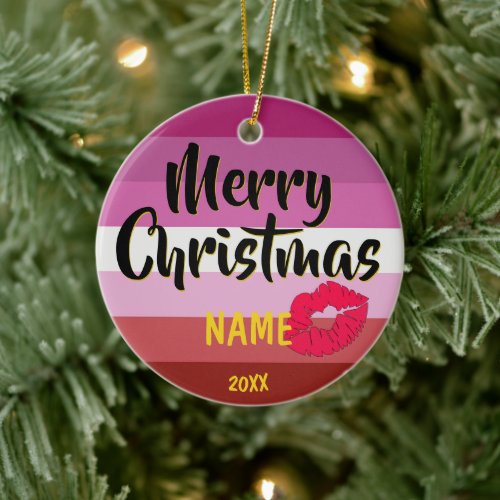 Lipstick Lesbian Flag Personalized Christmas Ceramic Ornament