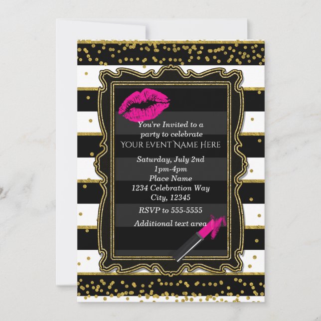 Lipstick Lips Gold Confetti & Stripes Glamour Invitation (Front)