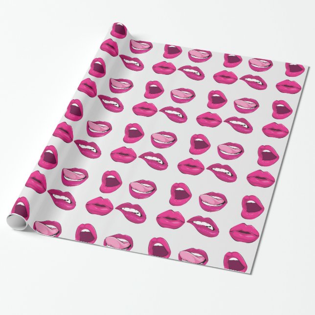 lipstick lips hot pink on silver grey gift wrap (Unrolled)