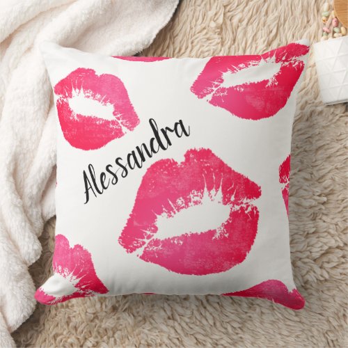 Lipstick Mark Kisses Lips Pink Red White Throw Pillow