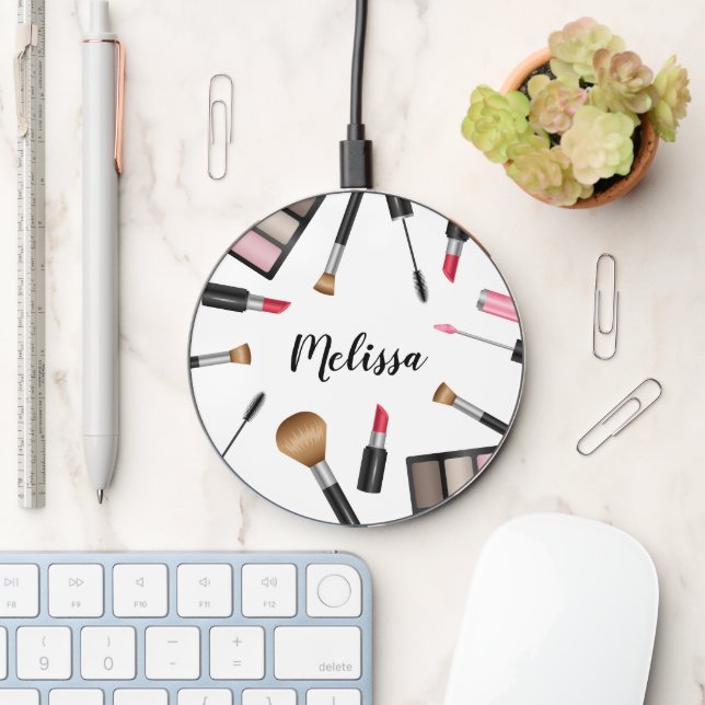Lipstick, Mascara And Other Makeup Items With Name Wireless Charger (Desk)