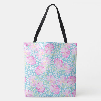 Lipstick Pink Roses, White Butterflies on Sky Blue Tote Bag