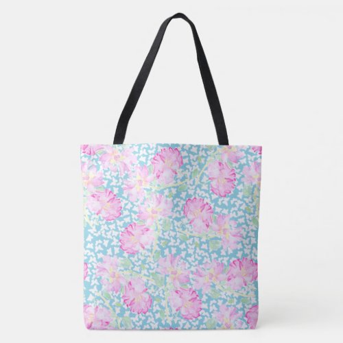 Lipstick Pink Roses White Butterflies on Sky Blue Tote Bag
