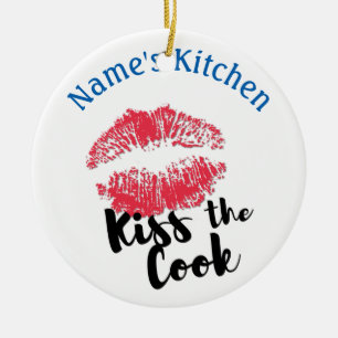 Lipstick Print Kiss the Cook ROUND Ceramic Ornament