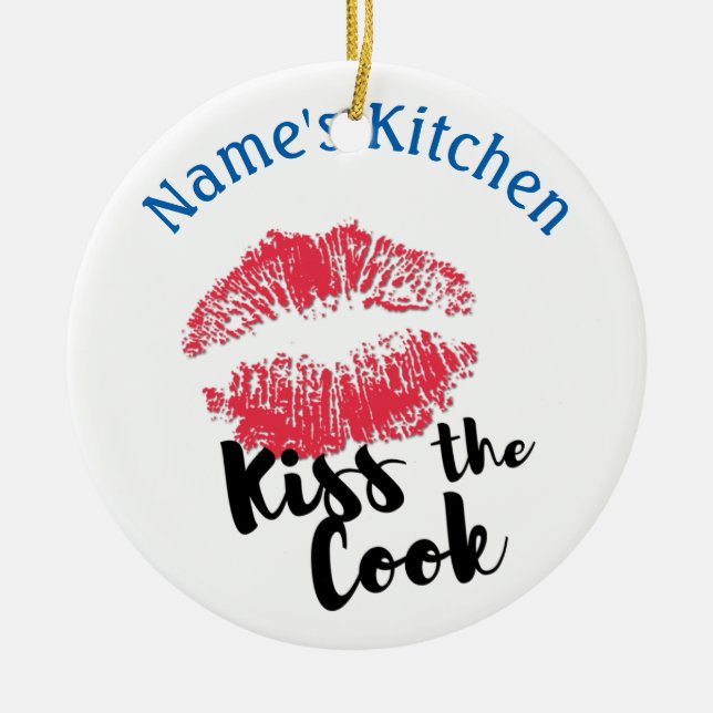 Lipstick Print Kiss the Cook ROUND Ceramic Ornament (Front)