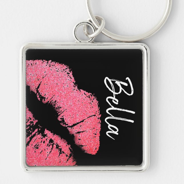 Lipstick print pink lip stain black white cute  keychain (Front)