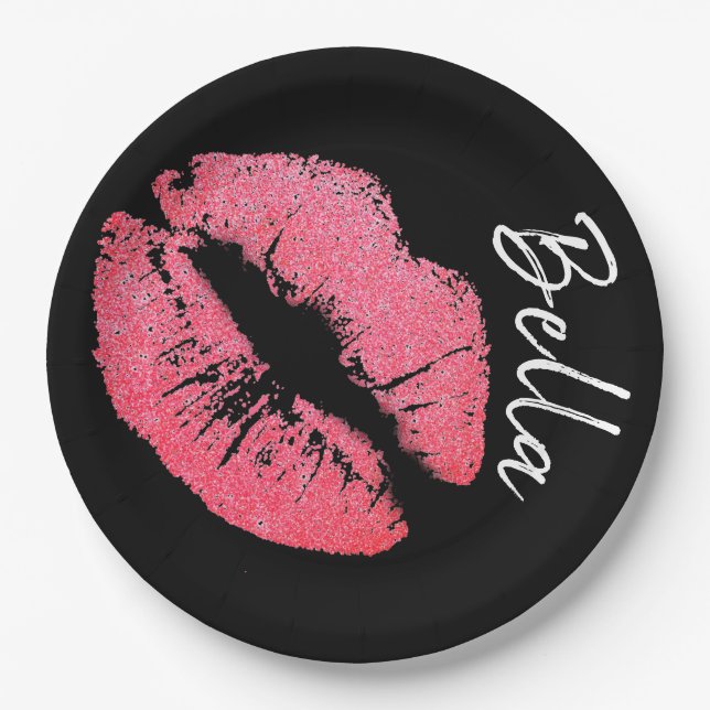 Lipstick print pink lip stain black white cute  paper plates (Front)
