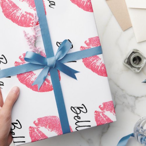 Lipstick print pink lip stain black white cute  wrapping paper